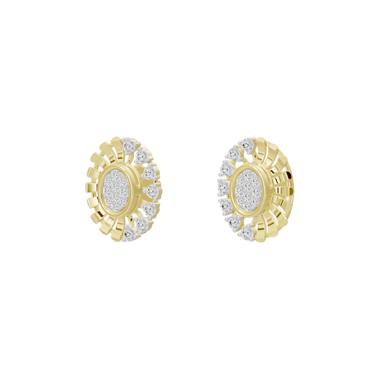 Yellow gold vermeil diamond stud earrings with round halo design and glittering center stones
