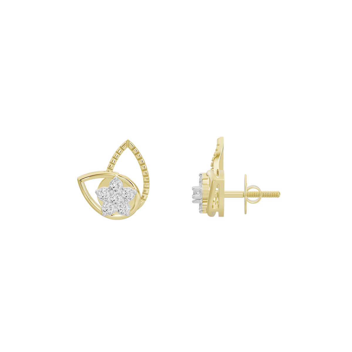 Side view of gold vermeil honeycomb diamond stud earring with post backing