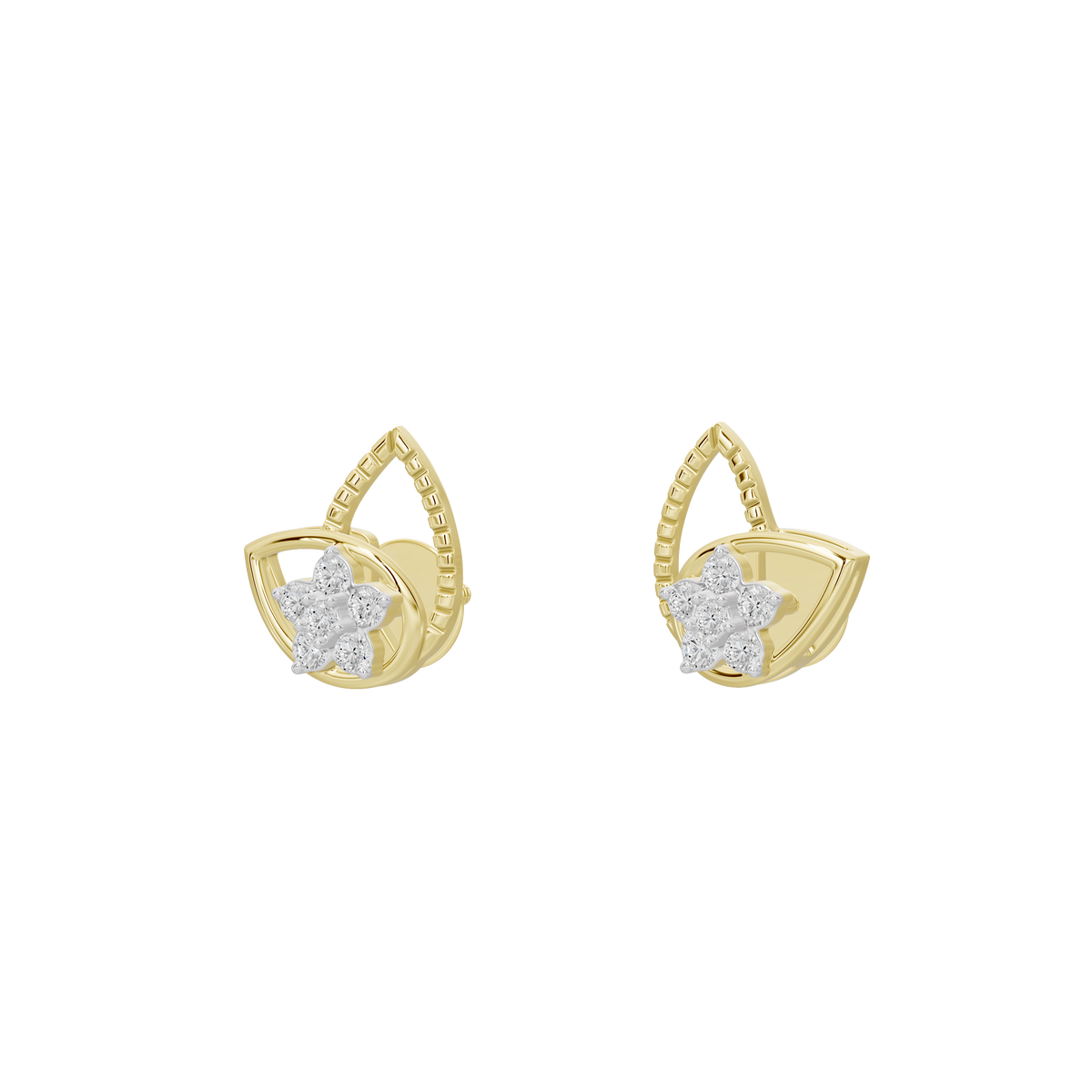 Gold vermeil honeycomb diamond stud earrings with round center stones, paired
