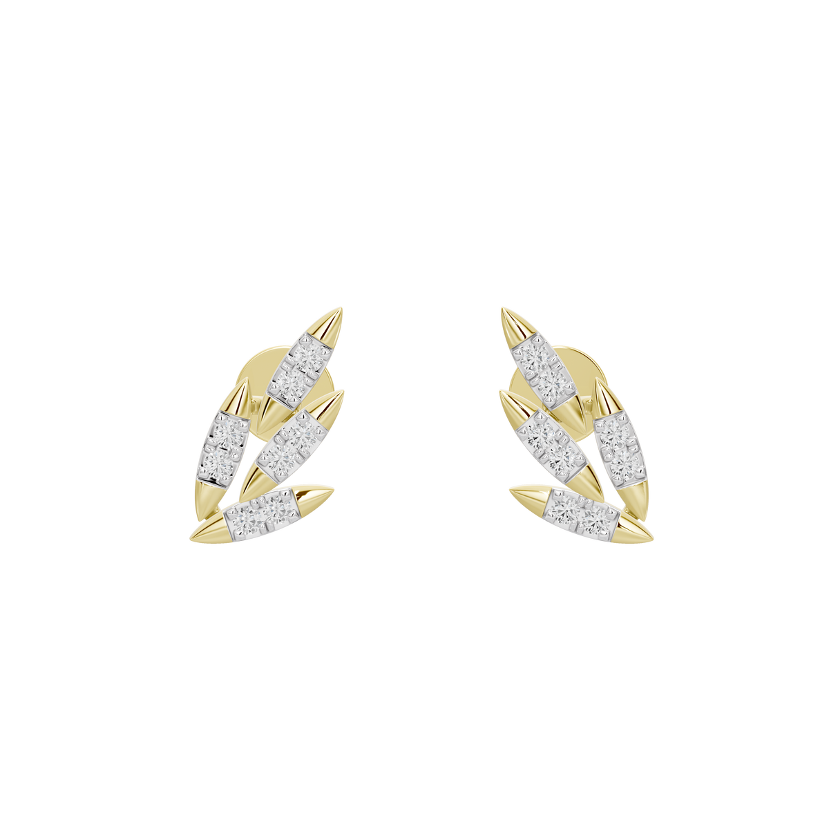 Yellow gold vermeil diamond cluster stud earrings, angled front view with three stones