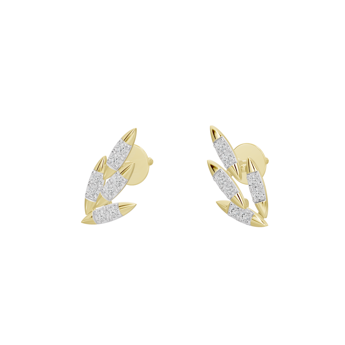 Yellow gold vermeil diamond cluster stud earrings with marquise-like stones, gold backs