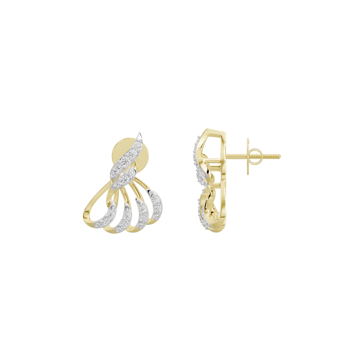 Gold vermeil diamond earrings from the side, with post back and fan dangles