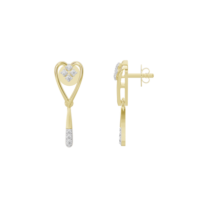 Yellow gold vermeil heart lab diamond drop earrings, side view with stud backing