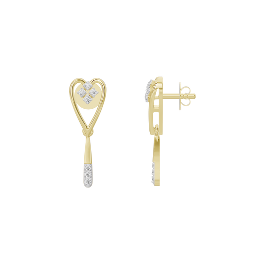 Yellow gold vermeil heart lab diamond drop earrings, side view with stud backing