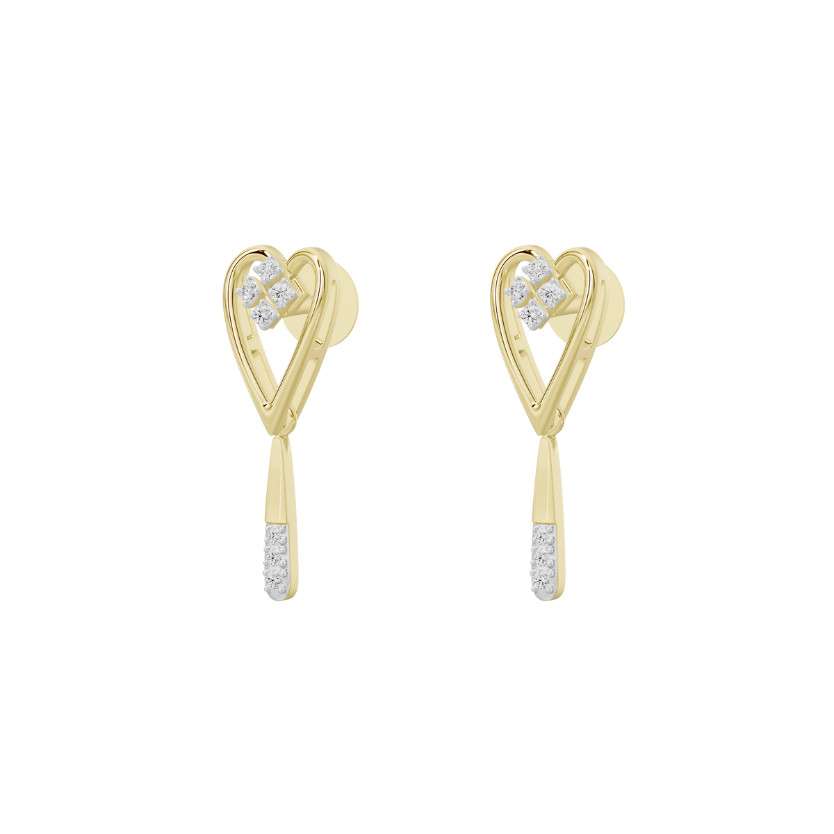 Angled view of yellow gold vermeil heart lab diamond drop earrings with clear dangle
