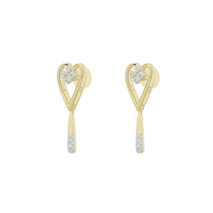 Angled view of yellow gold vermeil heart lab diamond drop earrings with clear dangle