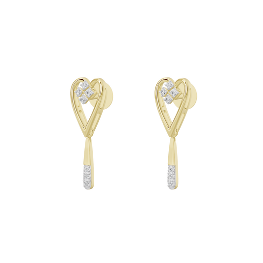 Angled view of yellow gold vermeil heart lab diamond drop earrings with clear dangle