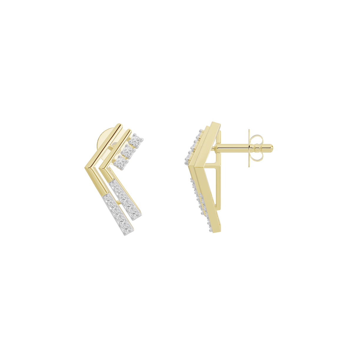Yellow gold vermeil zigzag lab diamond earrings, visible hinge and clasp backing
