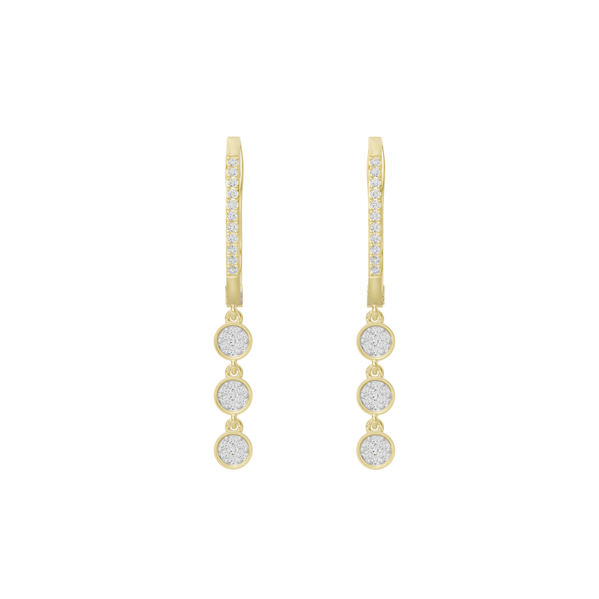 Yellow gold vermeil hoop earrings with vertical row of three round lab diamonds
