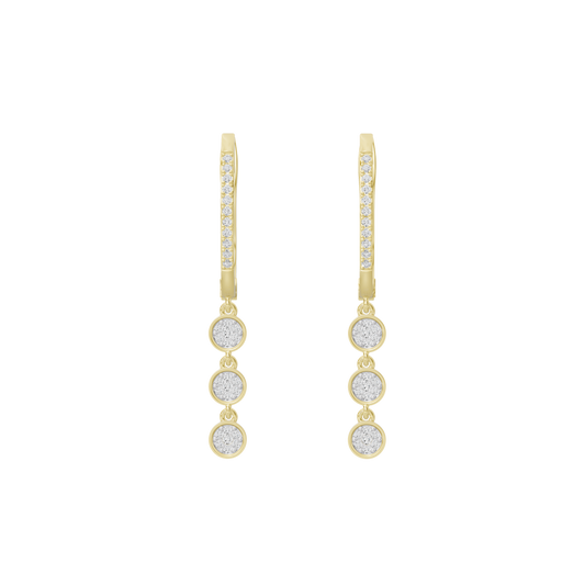 Yellow gold vermeil hoop earrings with vertical row of three round lab diamonds