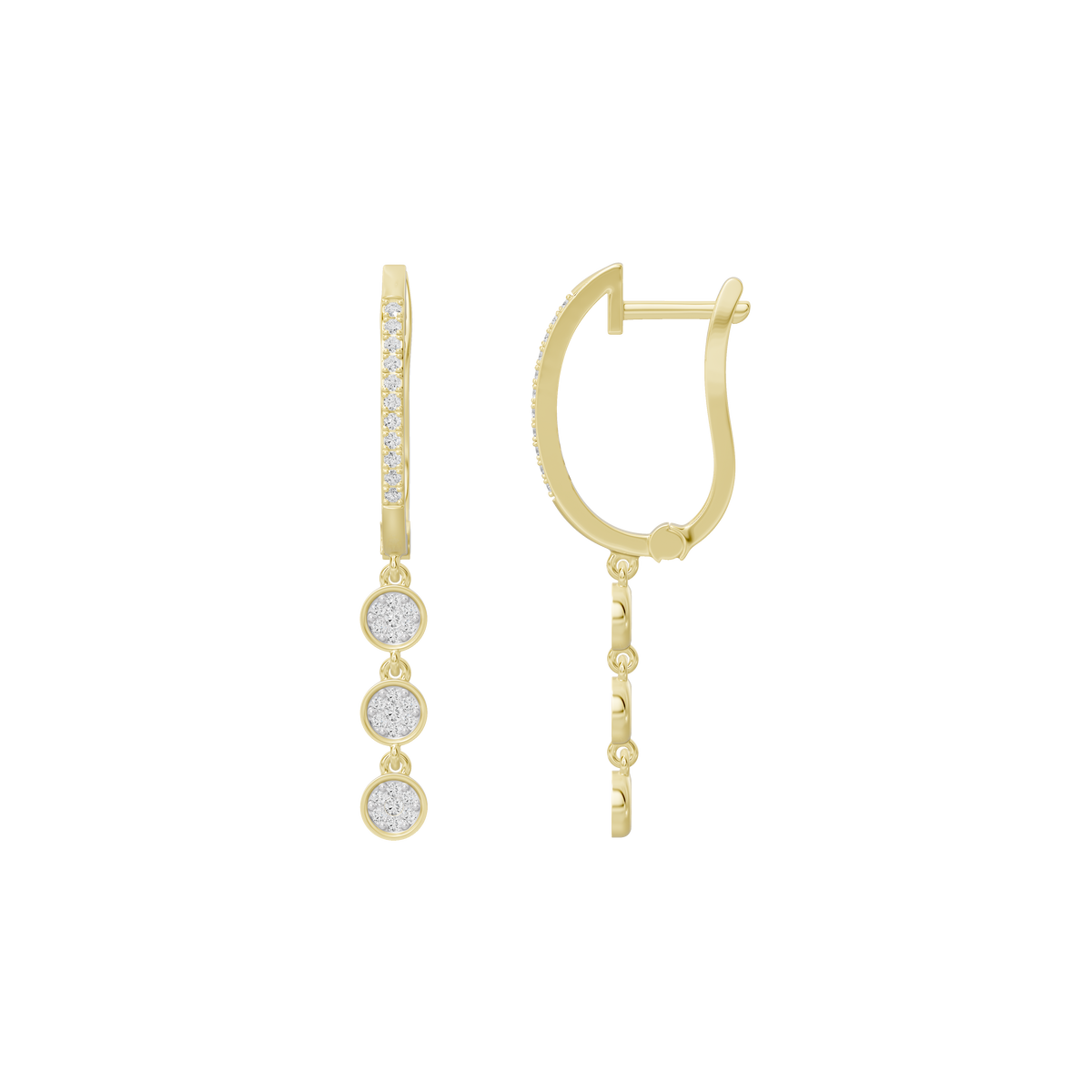 Yellow gold vermeil huggie hoops with three round diamond drops, side view