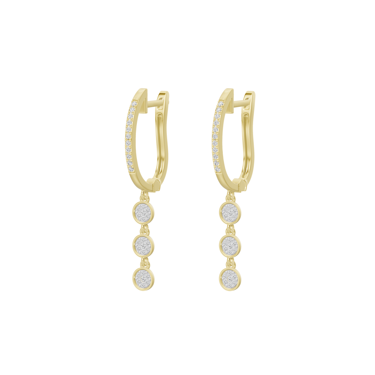 Yellow gold vermeil hoop earrings with three round lab diamond drops