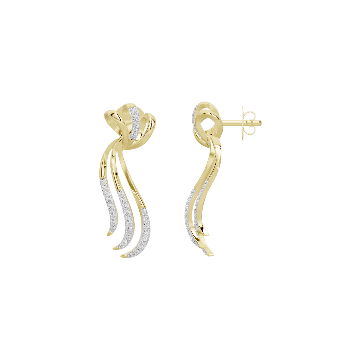 Yellow gold vermeil diamond drop earrings with post backs and curved ribbon dangles