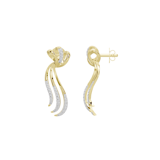 Yellow gold vermeil diamond drop earrings with post backs and curved ribbon dangles
