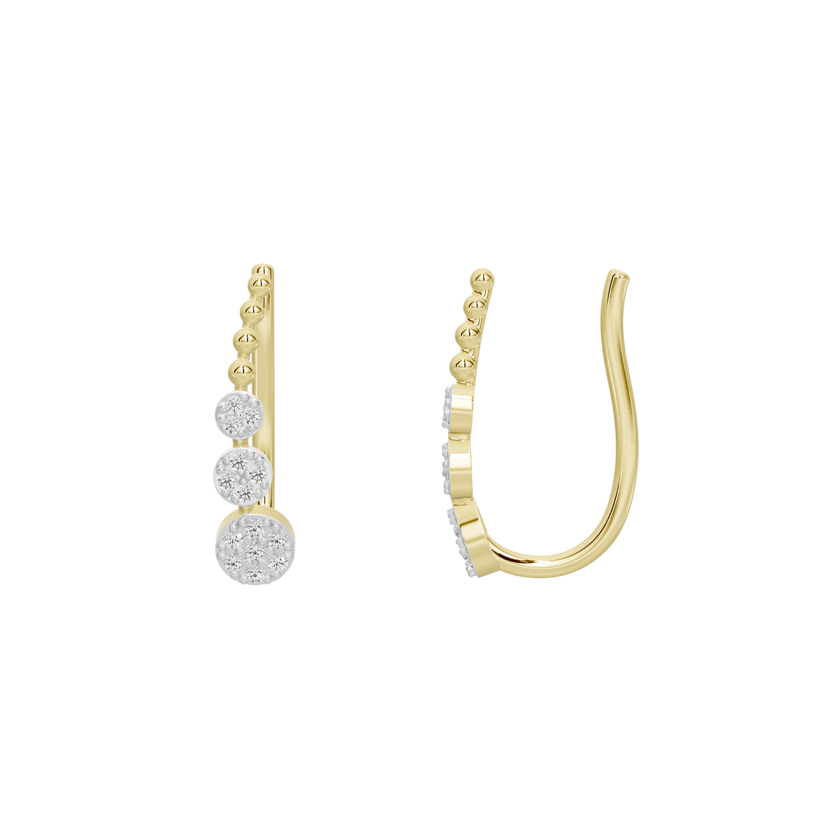 Yellow gold vermeil hoop earrings with dangling round lab diamonds, side view