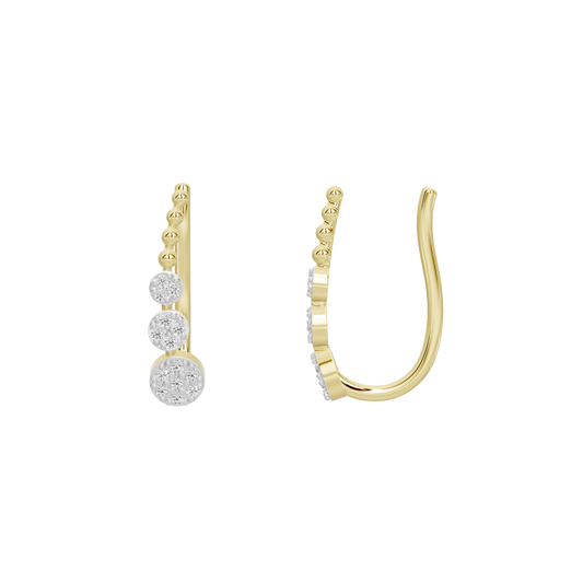 Yellow gold vermeil hoop earrings with dangling round lab diamonds, side view
