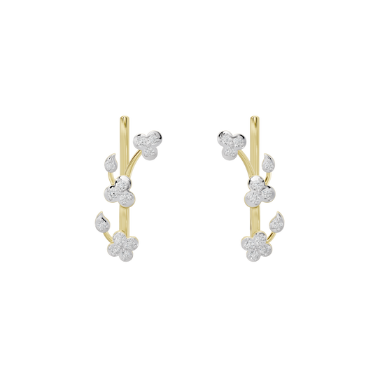 Yellow gold vermeil diamond climber hoop earrings, front view with four flower drops