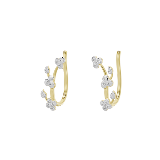 Yellow gold vermeil diamond climber hoop earrings with four flower clusters