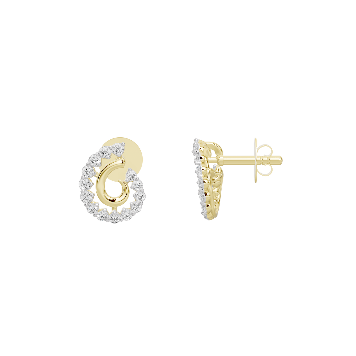 Yellow gold vermeil diamond hoop earrings, side view with post backs