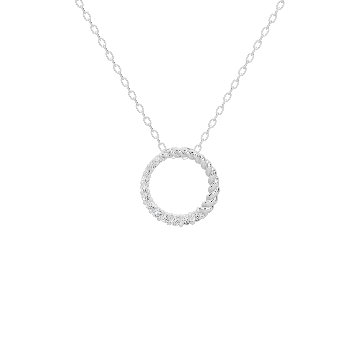Silver circle lab diamond pendant with textured halo detail on a chain