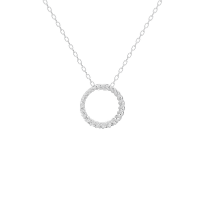 Silver circle lab diamond pendant with textured halo detail on a chain