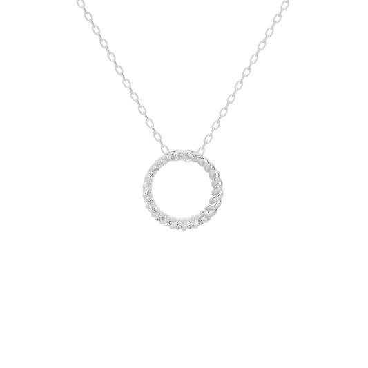 Silver circle lab diamond pendant with textured halo detail on a chain