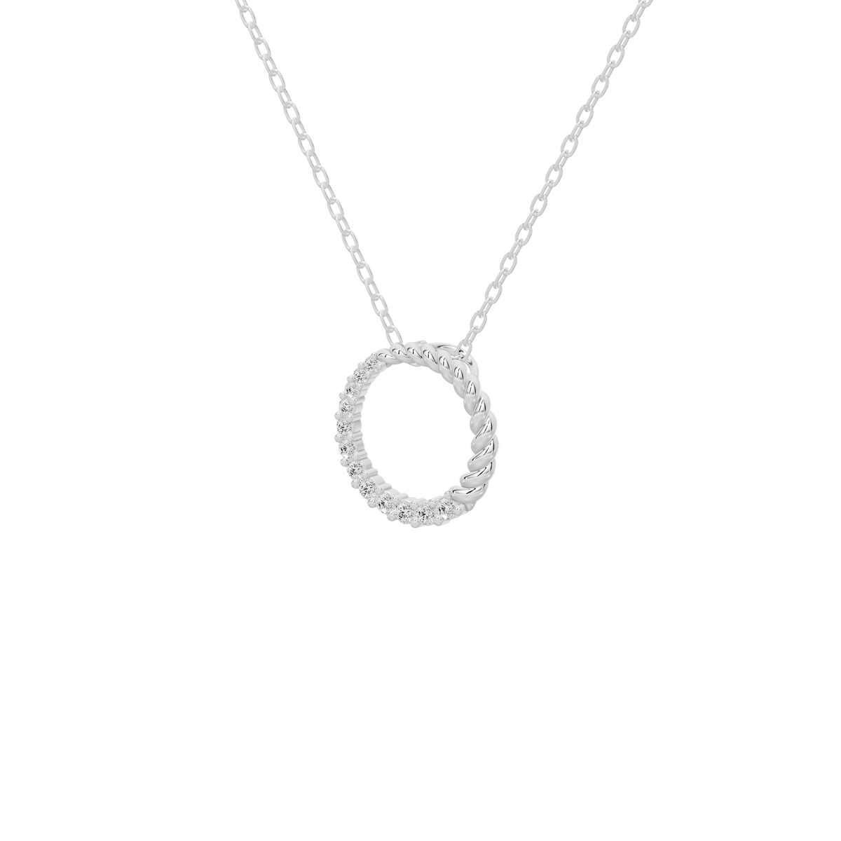 Silver circle lab diamond pendant, close-up view of the ring-like center on chain