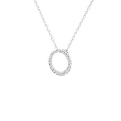 Silver circle lab diamond pendant, close-up view of the ring-like center on chain