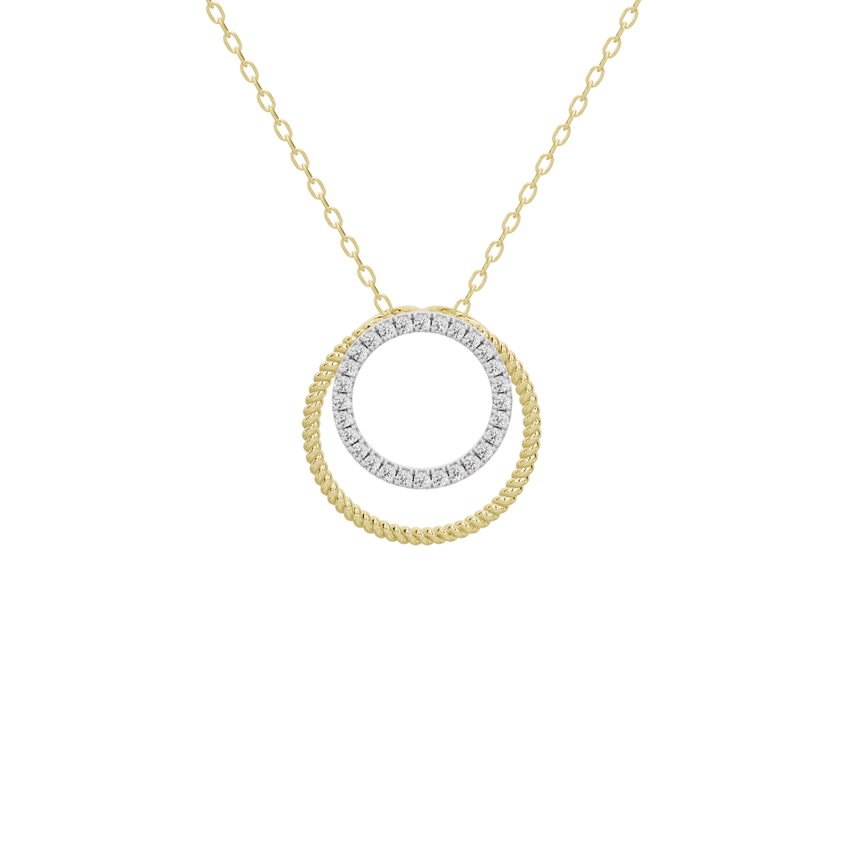 Circular diamond halo pendant with double ring detail on a yellow gold chain