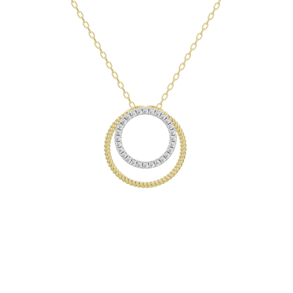 Circular diamond halo pendant with double ring detail on a yellow gold chain