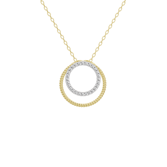 Circular diamond halo pendant with double ring detail on a yellow gold chain