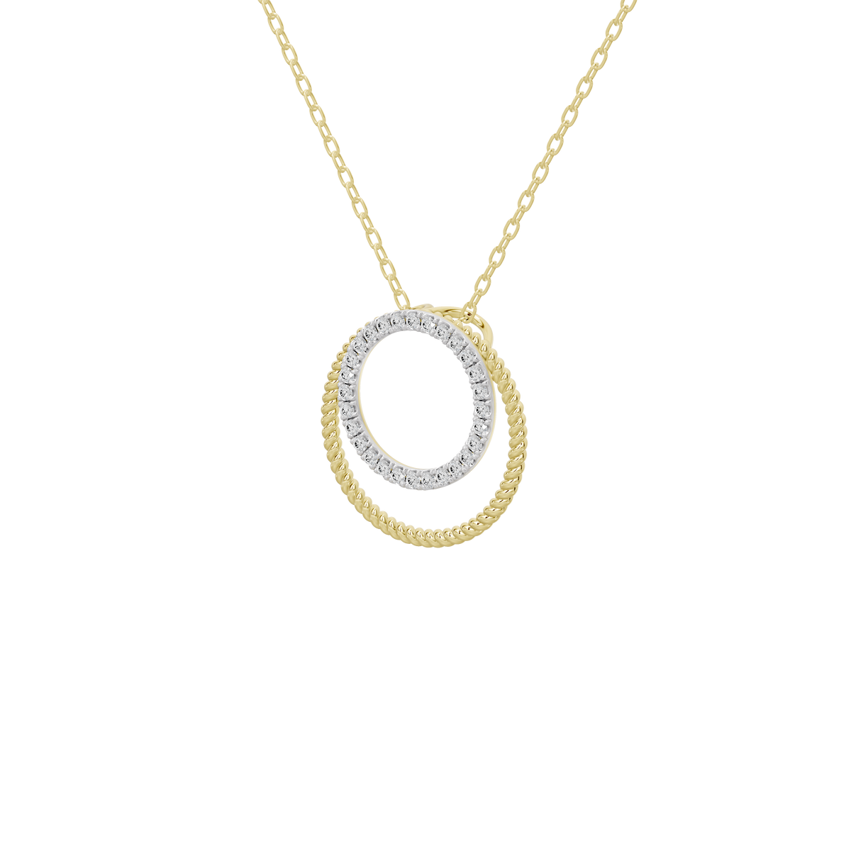 Circular lab diamond halo pendant with textured outer ring on a yellow gold chain