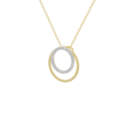 Circular lab diamond halo pendant with textured outer ring on a yellow gold chain