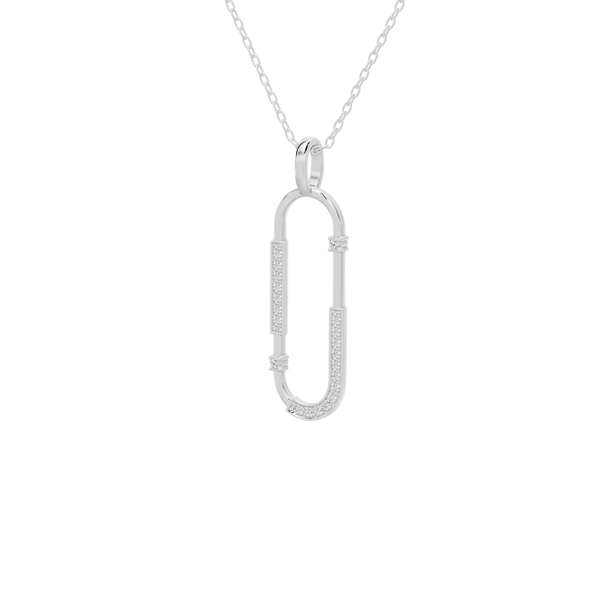 Silver lab diamond vertical U pendant front view with textured side stones
