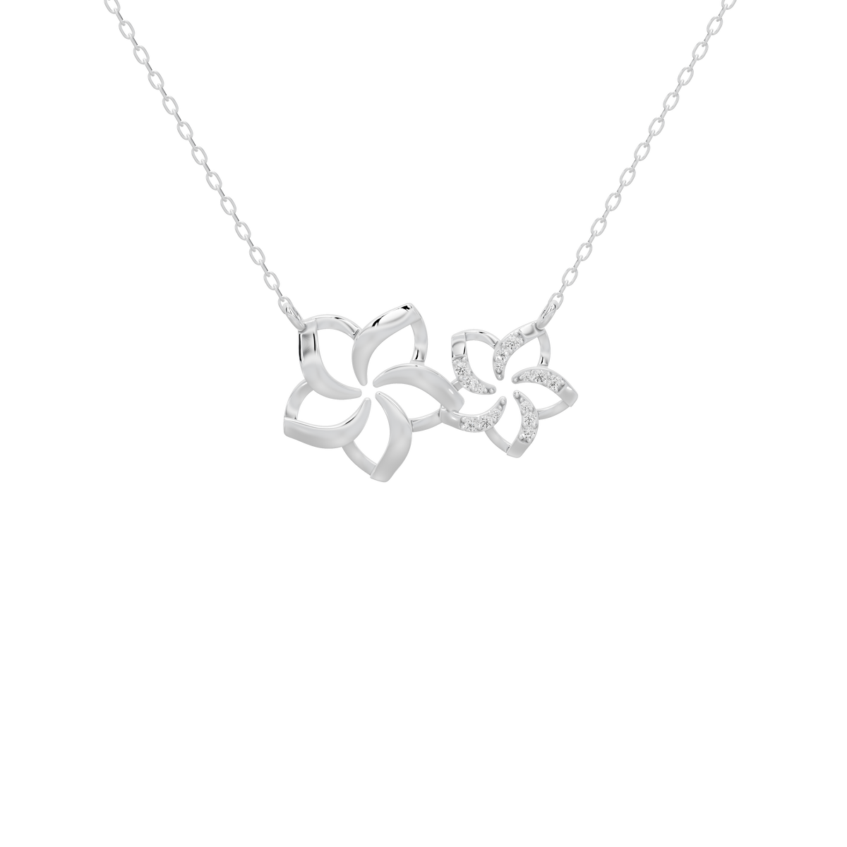 Silver lab diamond pendant necklace with linked floral charms on a short chain