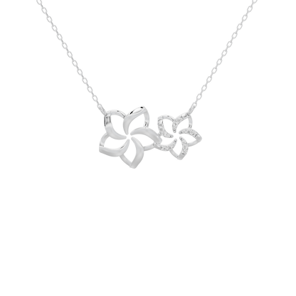 Silver lab diamond pendant necklace with linked floral charms on a short chain