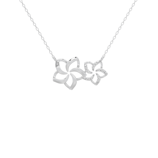 Silver lab diamond pendant necklace with linked floral charms on a short chain