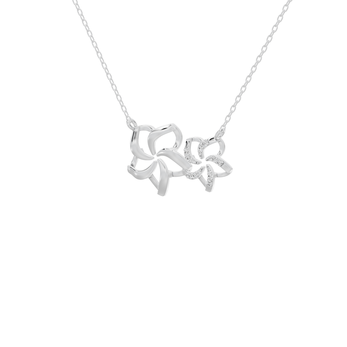 Silver lab diamond pendant necklace with two floral motifs and sparkling center