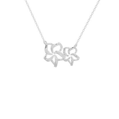 Silver lab diamond pendant necklace with two floral motifs and sparkling center