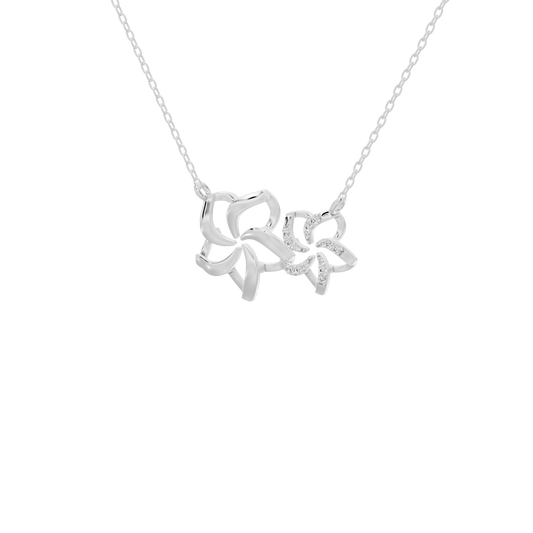 Silver lab diamond pendant necklace with two floral motifs and sparkling center