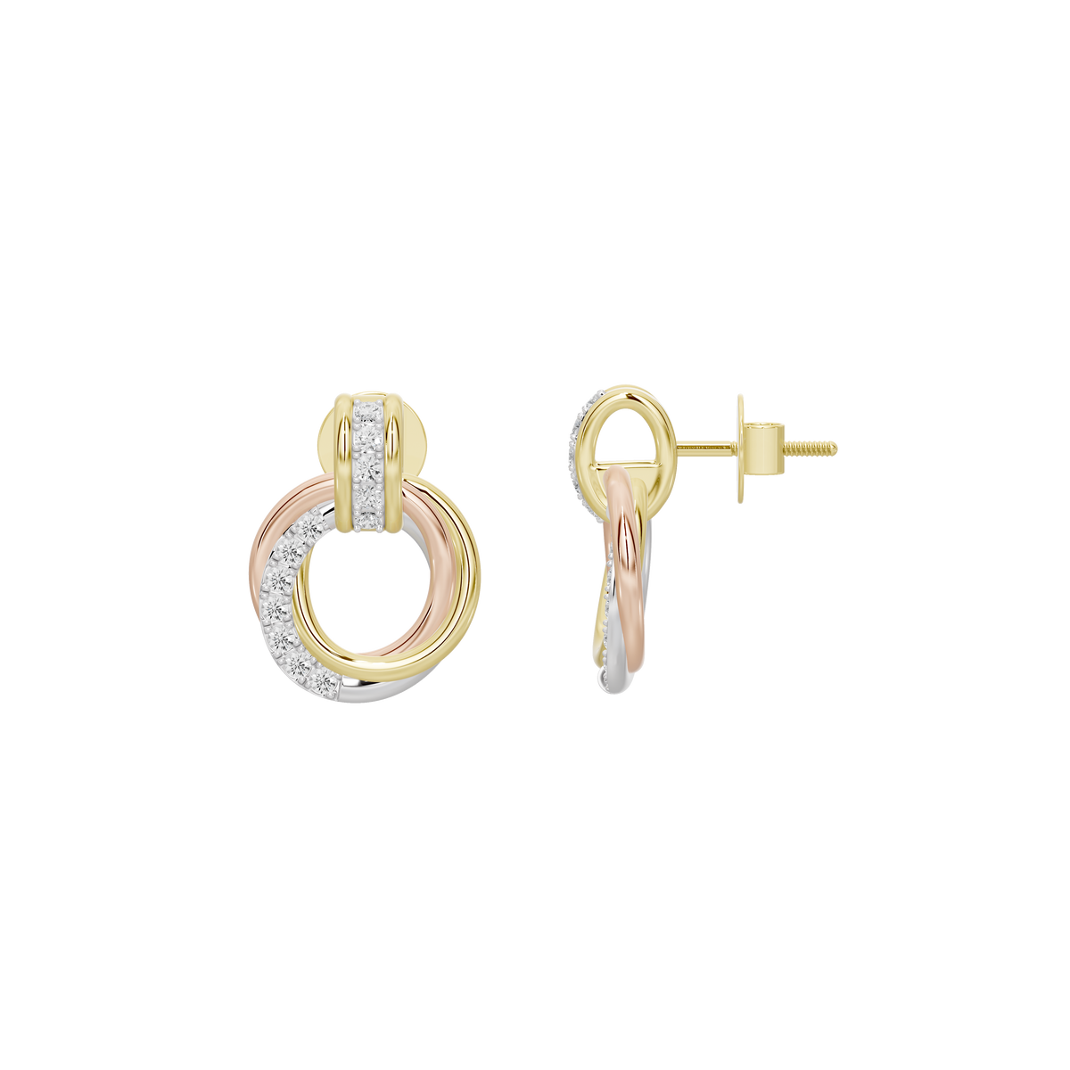 Lab diamond hoop earrings with gold-tone hinge post and rose-tone inner ring
