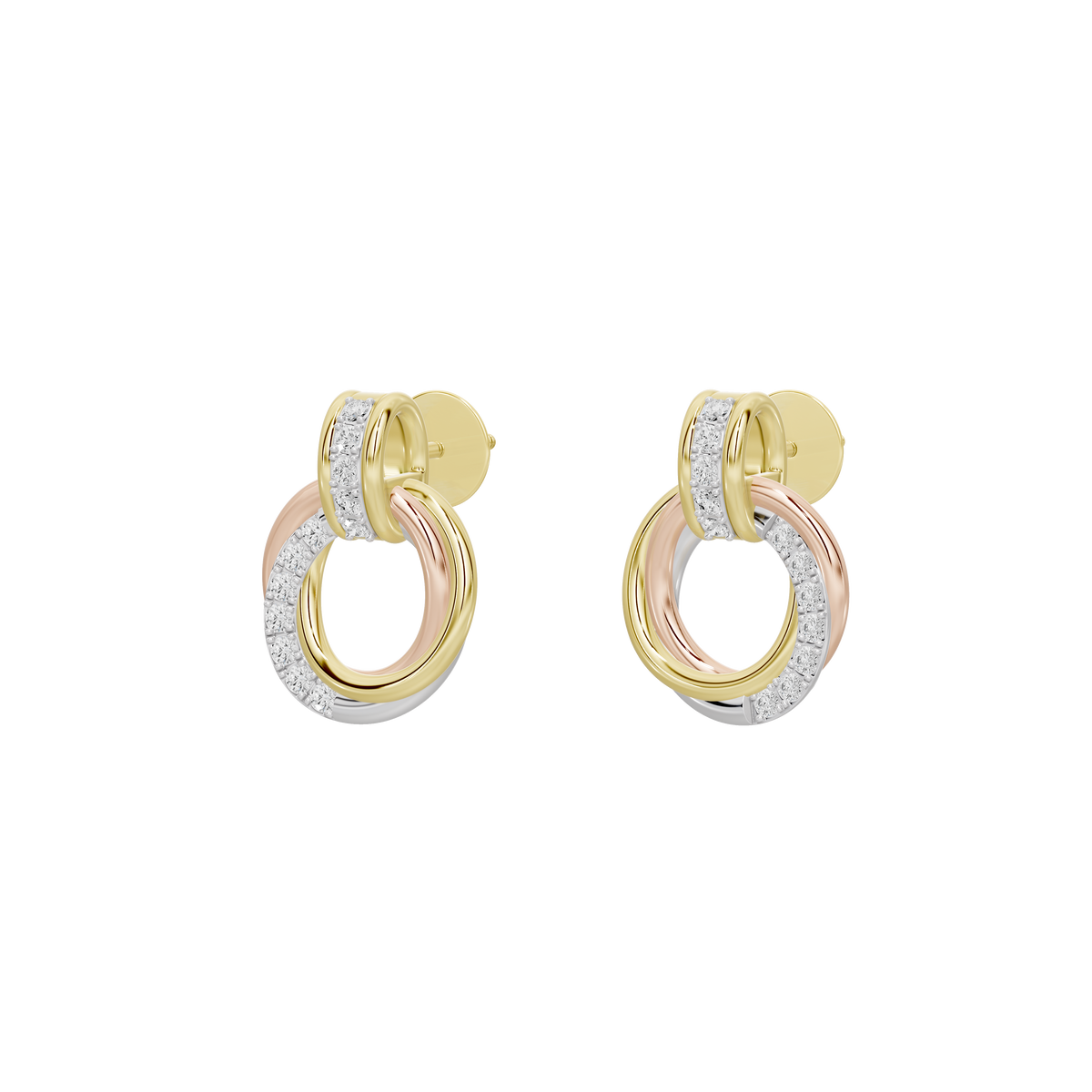 Angle view of gold-tone hoop earrings with rose-tone accents and pavé diamonds