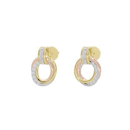 Angle view of gold-tone hoop earrings with rose-tone accents and pavé diamonds