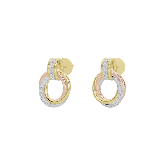 Angle view of gold-tone hoop earrings with rose-tone accents and pavé diamonds