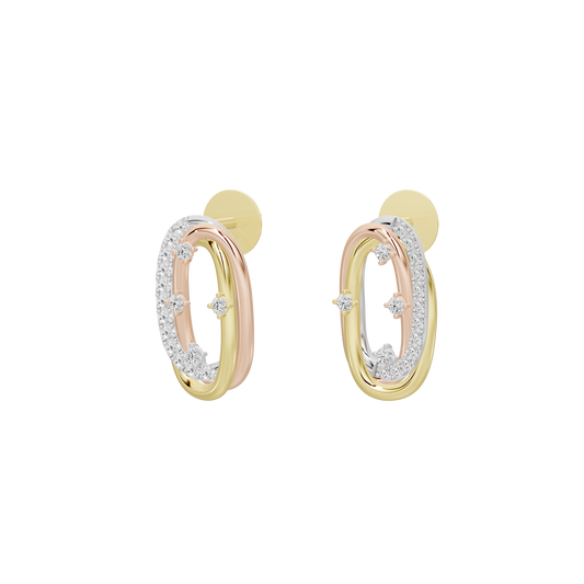 Yellow gold vermeil oval hoop earrings with lab-diamond pavé and dangling trio stones