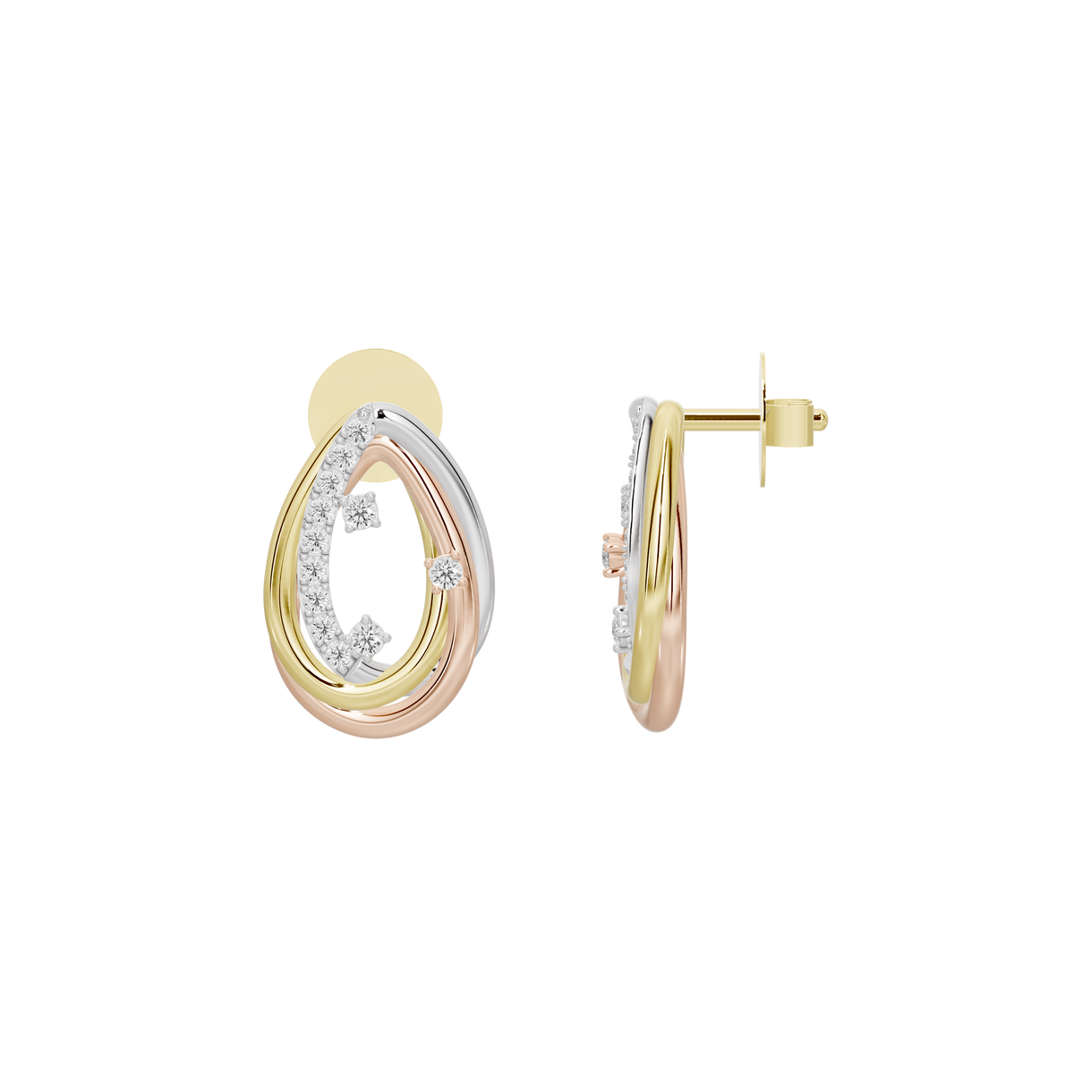 Gold vermeil and silver teardrop hoop earrings with post backing, lab diamond details