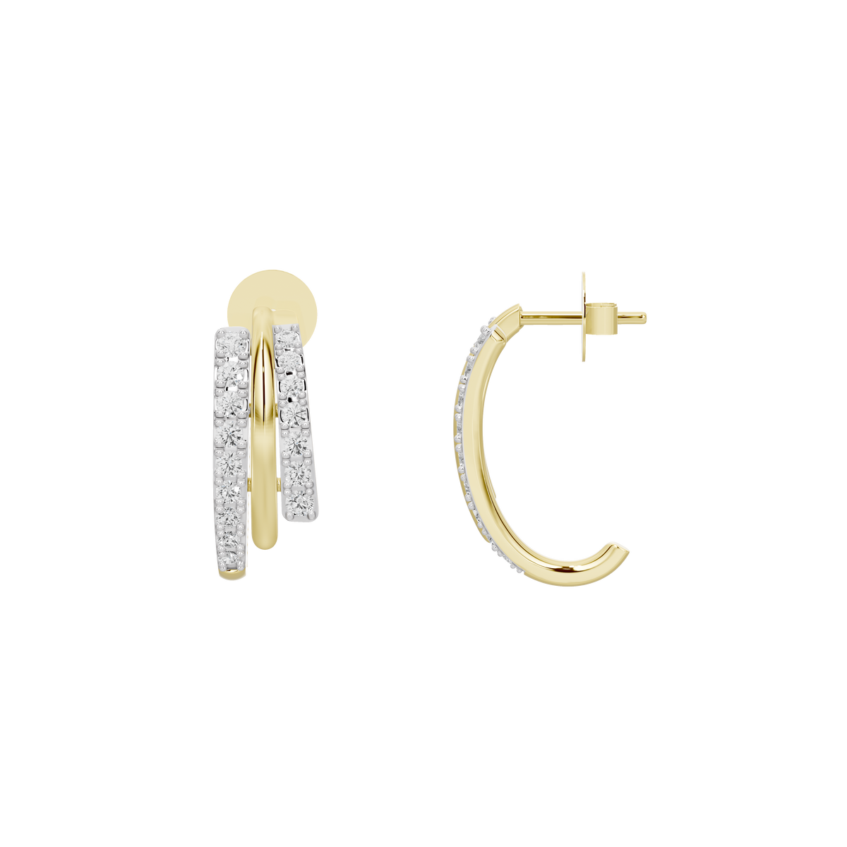 Yellow gold vermeil lab diamond hoop earrings, side view with hinged back
