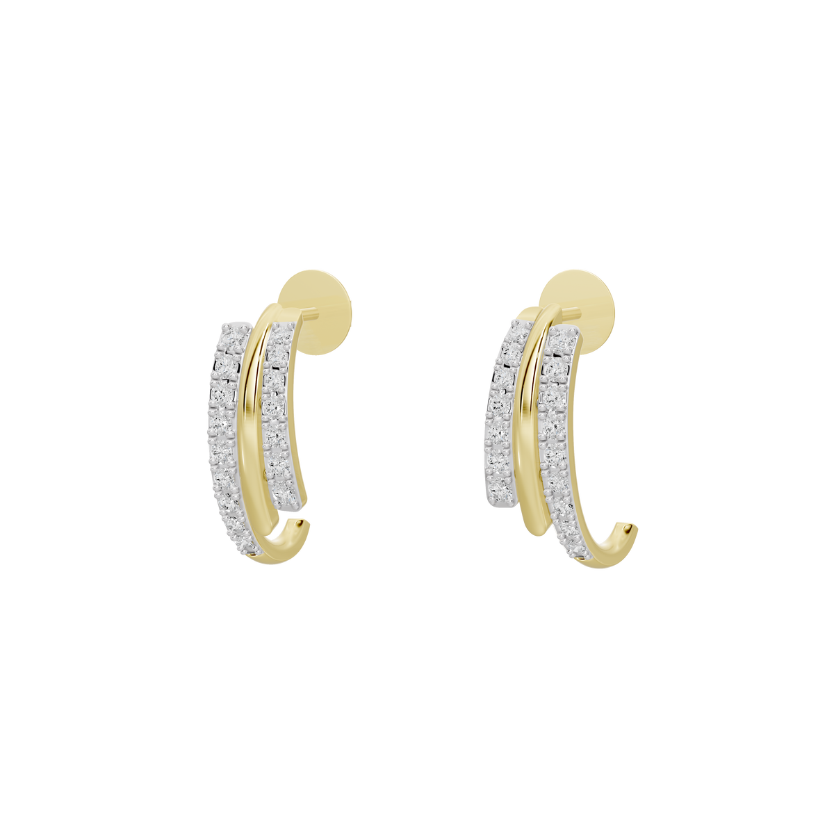 Yellow gold vermeil lab diamond hoop earrings with full pave, angled view