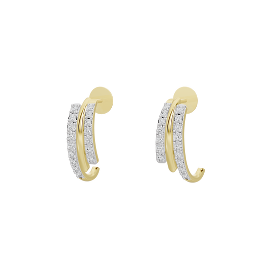 Yellow gold vermeil lab diamond hoop earrings with full pave, angled view