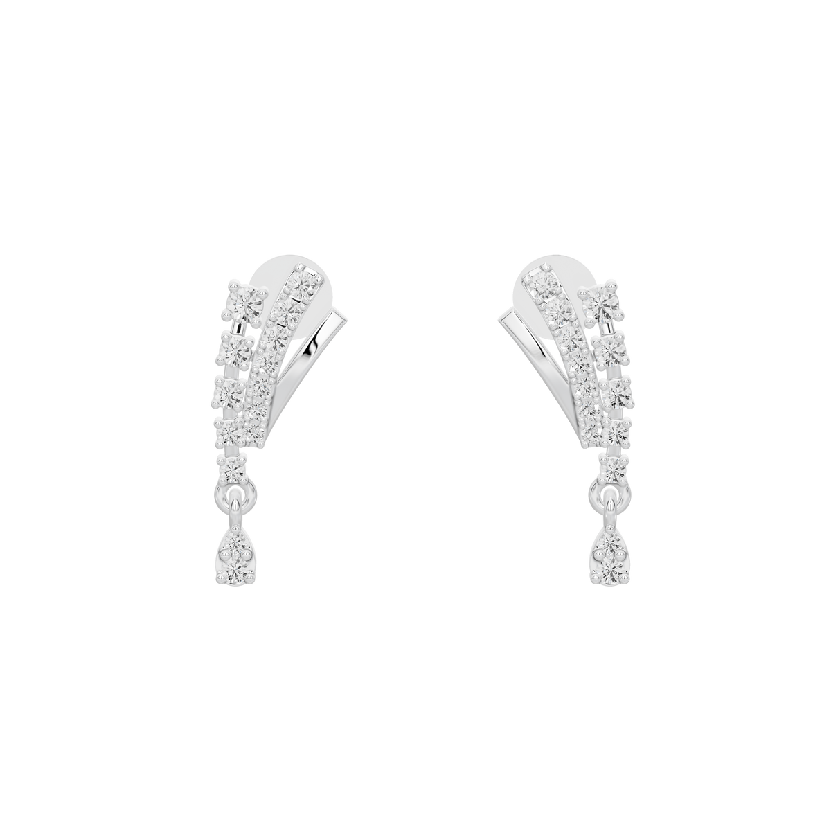 Silver lab diamond drop earrings with textured oval cluster and dangling stones